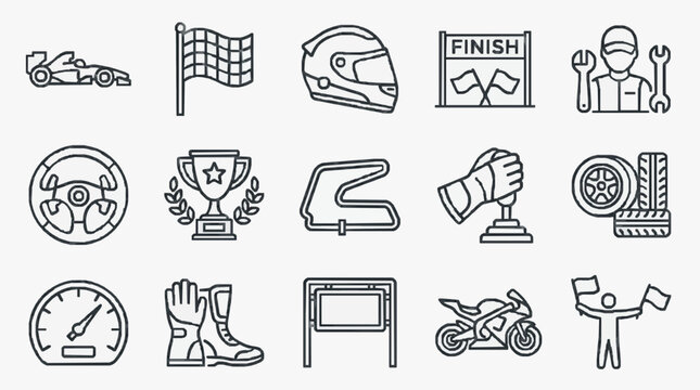 Creative Black and White Line Set of Racing and Motoring Icons for Sports Vehicles and Competition