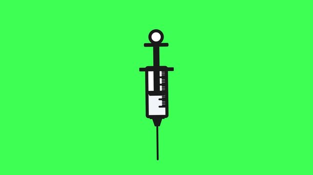 Animated Medical Syringe Doodle with Plunger Moving Up and Down, Symbol of Vaccination, Healthcare, Medicine, Treatment and Injection Procedure, Simple Hand-Drawn Style on Green Screen