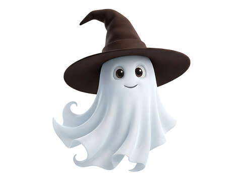 Cute cartoon ghost wearing a witch hat halloween character isolated on transparent background