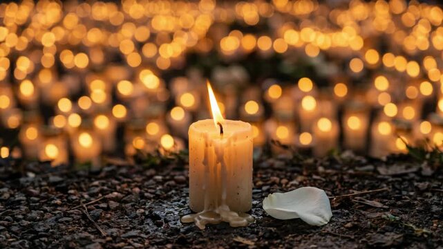Burning candle with melting wax and white rose petal. Memorial vigil with multiple blurred candles in background. Mourning, remembrance and tragedy tribute concept
