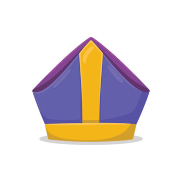 Traditional purple and gold bishop mitre hat representing religious headwear for catholic clergy isolated on a clean white background