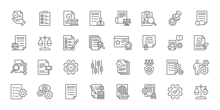 Regulatory Compliance, icons in line design. Regulatory, compliance, regulation, legal, law, business, governance on white background vector. Regulatory Compliance editable stroke icons.