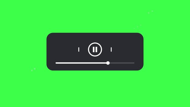 Minimalist Media Player UI Animation with Play, Pause, Skip Buttons and Moving Progress Bar, Isolated Element on Green Screen