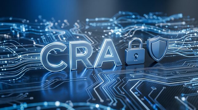 CRA Cybersecurity Concept with Padlock and Shield Icons