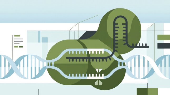 CRISPR Target Close Illustration. A close, clean vector of a CRISPR Cas9 complex approaching a DNA helix with a highlighted edit site, in balanced edi