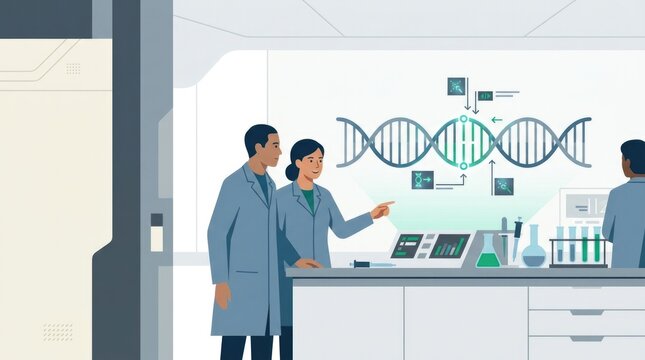 Genome Editing In Lab Illustration. A research team observes a digital genome strand hologram hovering above a lab bench, CRISPR tooltips highlighting