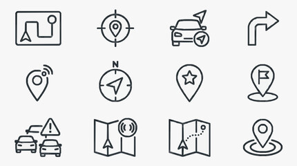 Fototapeta premium Modern Minimalist Black and White Line Icons Set for Navigation Travel and Directional Guidance