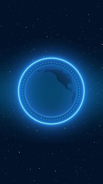Digital earth globe rotates in deep space backdrop. Futuristic earth globe displays worldwide communications data. Global connectivity concept with rotating earth globe.