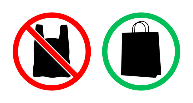 No plastic bag prohibition and paper bag allowed sign set, Reusable paper bag symbol, Say no to plastic, Vector illustration