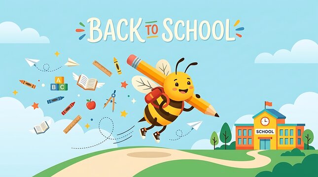 Bee shaped pencil with school supplies colorful vector illustration