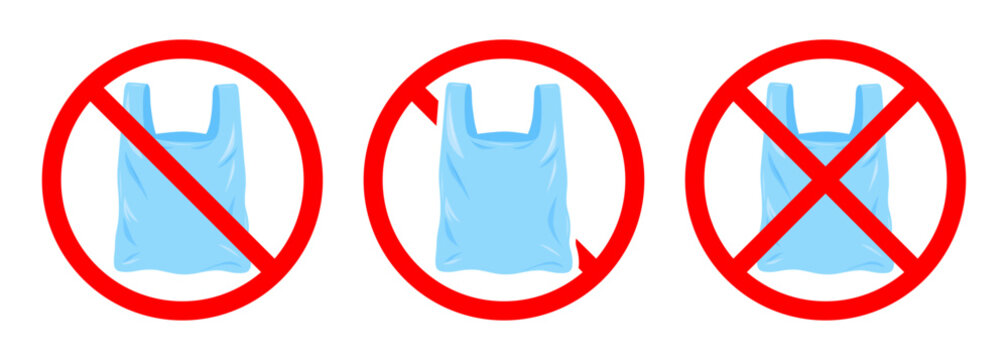 No plastic polythene shopping bag prohibition sign set, Plastic bag not allowed restriction symbols for environmental protection, sustainability and eco awareness, Vector illustration