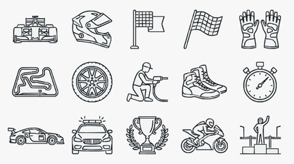 Corporate Icons Set Featuring Black and White Racing Sports and Vehicle Themed Illustrations with high quality professional line art symbols for modern creative design and digital branding projects © Asuu
