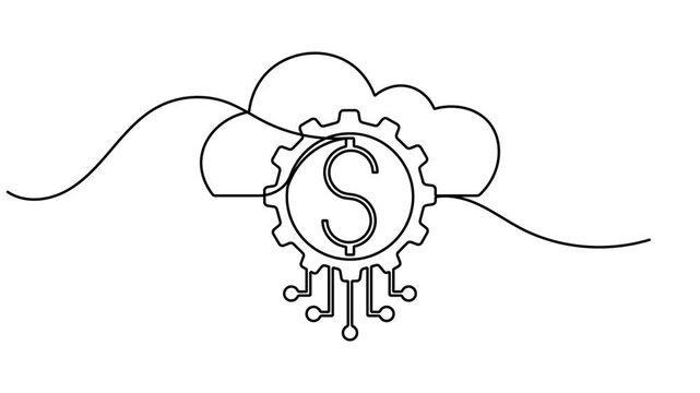 Cloud computing financial technology icon sign continuous one line drawing on white background minimalist single art digital banking and automation service for industrial animation video