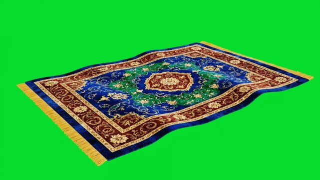 A magical flying carpet with intricate patterns floating against a green screen background.