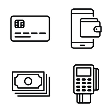 Set of four finance and payment line icons including credit card mobile wallet cash and point of sale terminal with terminal transaction ecommerce