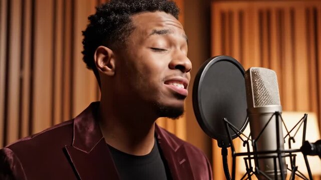 Soulful young vocalist in burgundy jacket singing beside a condenser microphone and pop filter, a warm studio portrait shaped around american black singers male performance and expressive emotion