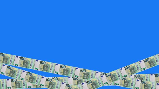 Dynamic ribbons of 100 euro notes on a blue screen. 4K