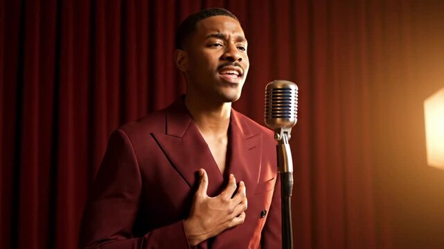 Passionate vocalist in a burgundy double-breasted suit singing beside a chrome microphone, presenting american black singers male elegance against red velvet drapery and radiant theatrical light