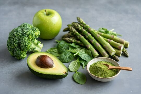 A selection of fresh green superfoods including avocado, broccoli, spinach, asparagus, apple, and wheatgrass powder arranged on a gray background for healthy nutrition.