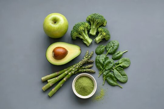 A selection of fresh green superfoods including avocado, broccoli, spinach, asparagus, apple, and wheatgrass powder arranged on a gray background for healthy nutrition.