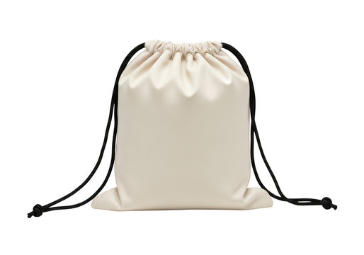 Empty beige fabric drawstring bag with black strings for gym or laundry storage mockup