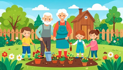 Fototapeta premium Happy children playing in colorful garden with animals.