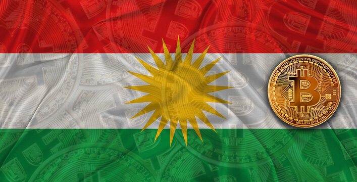 Investors in Blockchain Technology. Bitcoin cryptocurrency with Kurdish flag