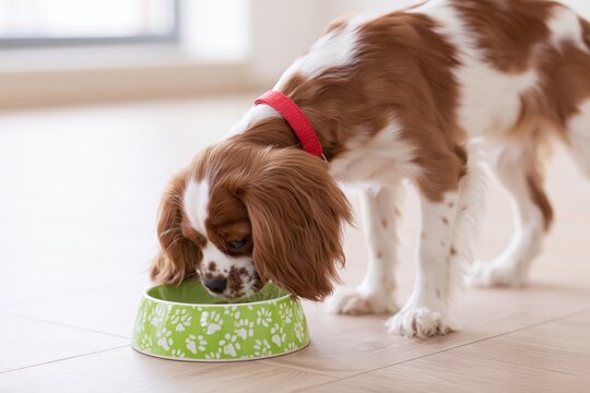 The Cavalier King Charles Spaniel Eating from a Green Paw Print Bowl