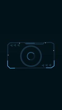 Blue futuristic HUD display with circular graphics panel. Technology dashboard symbol for spaceship navigation telemetry control. Digital HUD animation for computer monitoring interface.