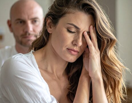 Woman stressed, man behind her, strained mood