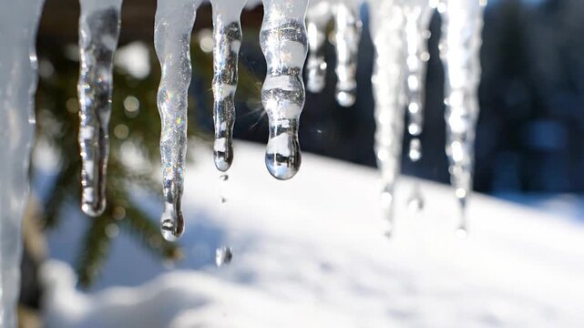 Sparkling icicles melting in the bright winter sun