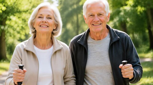 Elderly couple smiling while walking on a sunny path in the park  