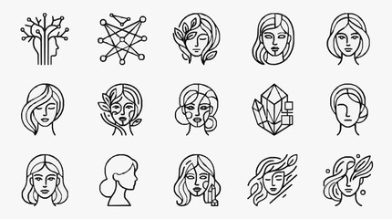 Obraz premium Modern Minimalist Line Art Collection of Female Faces and Abstract Hair Designs in Black and White
