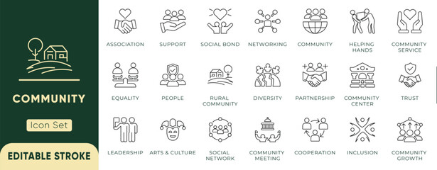 Naklejka premium Community line icon set. Elements for social network, teamwork, and society growth. Editable web icons partnership, inclusion, trust, and support. Vector illustration.