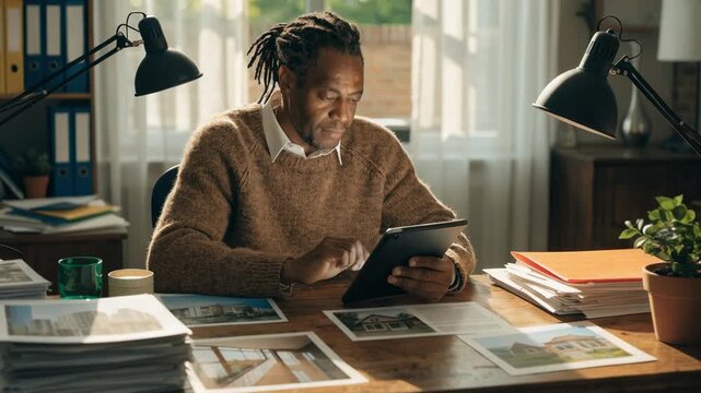 Medium shot of a broker using a tablet to review prequalification status surrounded by promotional materials and a cozy office environment out of focus.