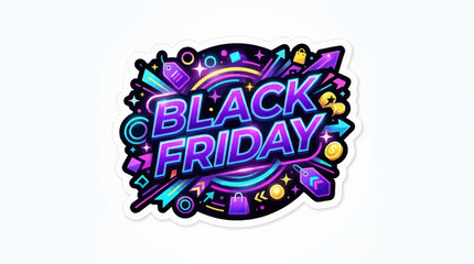Fototapeta premium A vibrant neon glow graphic promoting the annual Black Friday shopping event features energetic typography surrounded by playful celebratory icons intended to capture customer attention during