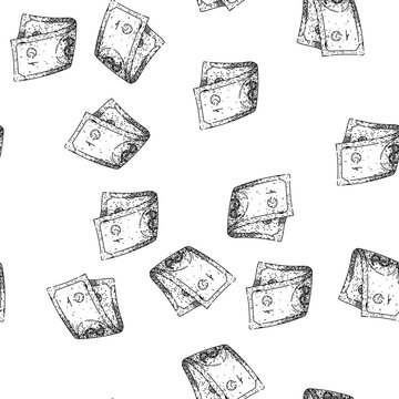 seamless pattern money dollar bill hand drawn. cash greenback, banknote finance, trade exchange money dollar bill black sketch illustration