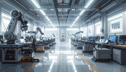 Fototapeta premium Robots operate in a futuristic automation system with AI controlling robotics in an industrial setting.