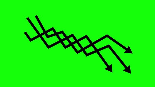 Animated of Three Black Downward Zigzag Arrows Pointing Towards A Decreasing Economic Trend Graph On A Bright Green Background