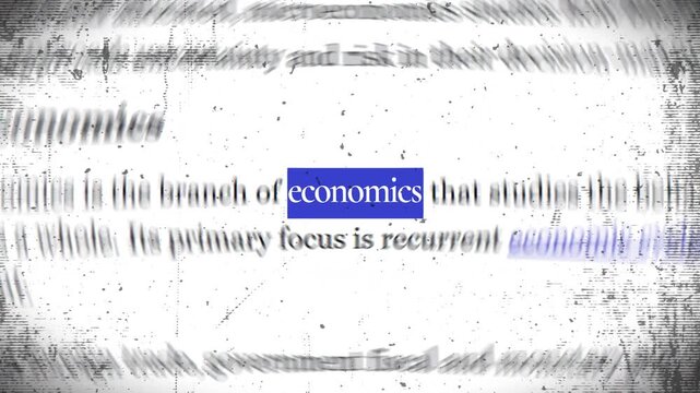 Looping footage of the word "economics" with Match Cut and radial blur effects. News title highlight for media.