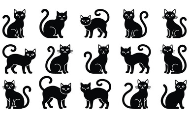 Obraz premium Collection of black cat silhouettes in various poses during a simple white background setting abstract