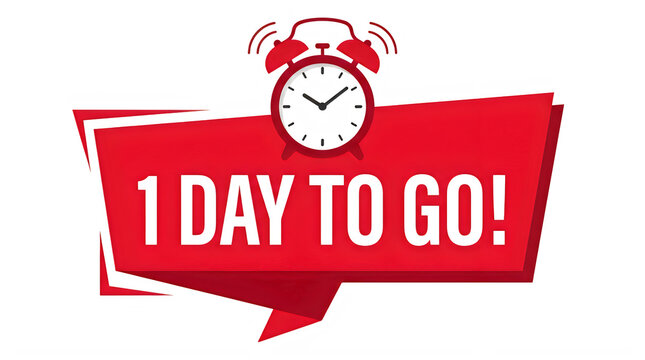 Red countdown banner with alarm clock and text 1 day to go