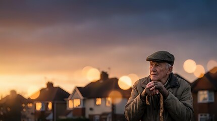 Fototapeta premium Mature man wearing flat cap and casual jacket standing outdoors at dusk with residential houses and warm golden bokeh lights in blurred background, contemplative expression.