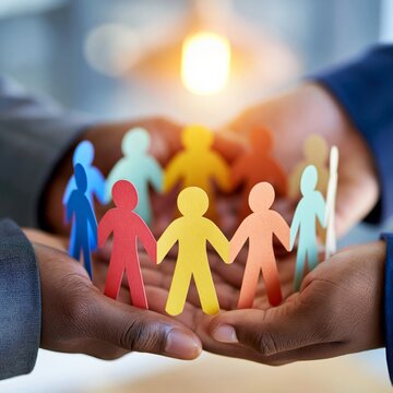 Hands cradle colorful paper figures, symbolizing unity and care