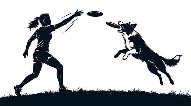 A silhouette illustration of a young woman playing fetch with her active dog in a park