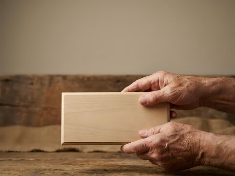 Senior male craftsman holding blank wooden box for product display or packaging mockup on rustic wooden surface.
