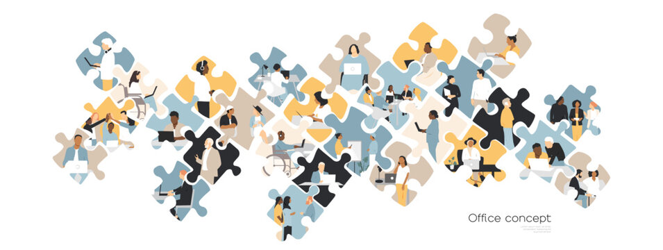 Office concept. Different people work together. Working team in jigsaw puzzles concept. Modern design.