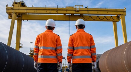Workers inspecting industrial crane at construction site © rdkcho