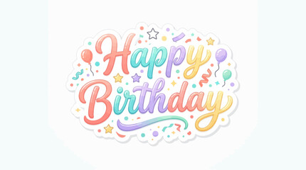 Obraz premium A festive multicolored Happy Birthday greeting card design features whimsical cursive lettering surrounded by playful star shapes and small circular confetti bits to celebrate a joyous