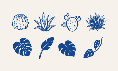 Hand-Drawn Tropical & Desert Botanical Plants Vector Set. Minimalist Indigo Blue Line Art Doodles of Succulents, Cacti, Foliage for Nature Design Elements, Branding, and Decor. © decade-studio